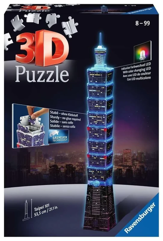 Ravensburger 3D Puzzle 11149 - Taipei 101 Night Edition - Glows in the Dark - The Financial Centre and Landmark of Taipei as LED Illuminated 3D Model for Puzzle Fans from 8 Years