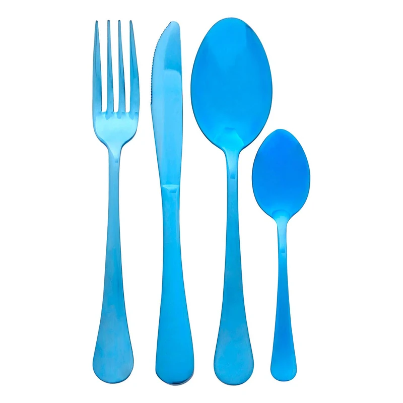 Premier Housewares 16Pc Cutlery Set|Stainless Steel Spoons, Knives and Forks Set|Blue Finished Cutlery Set for 4|16 Pc Knife Fork Spoon Set with Stripe Print Handles