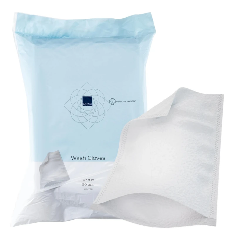 ABENA Single Use Wash Gloves, Pack of 50 (White) - 23 x 16 cm