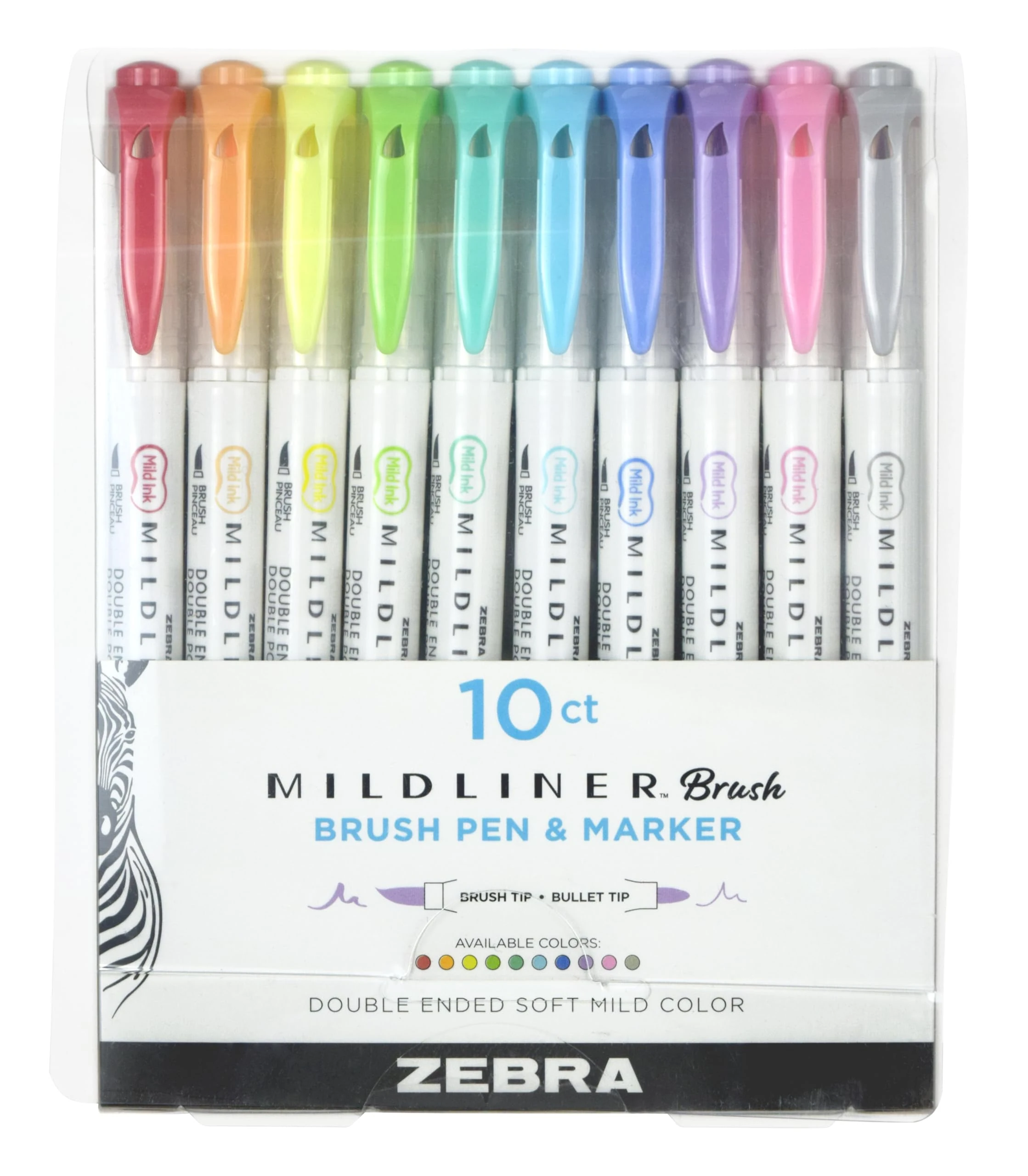 Zebra Pen MILDLINER Dual Tip Brush Pens, Felt Tip Pens For Adults, Bullet Tip & Brush Tip Colouring Pens, Double Ended Mildliner, Soft & Mild Colours, 10pk