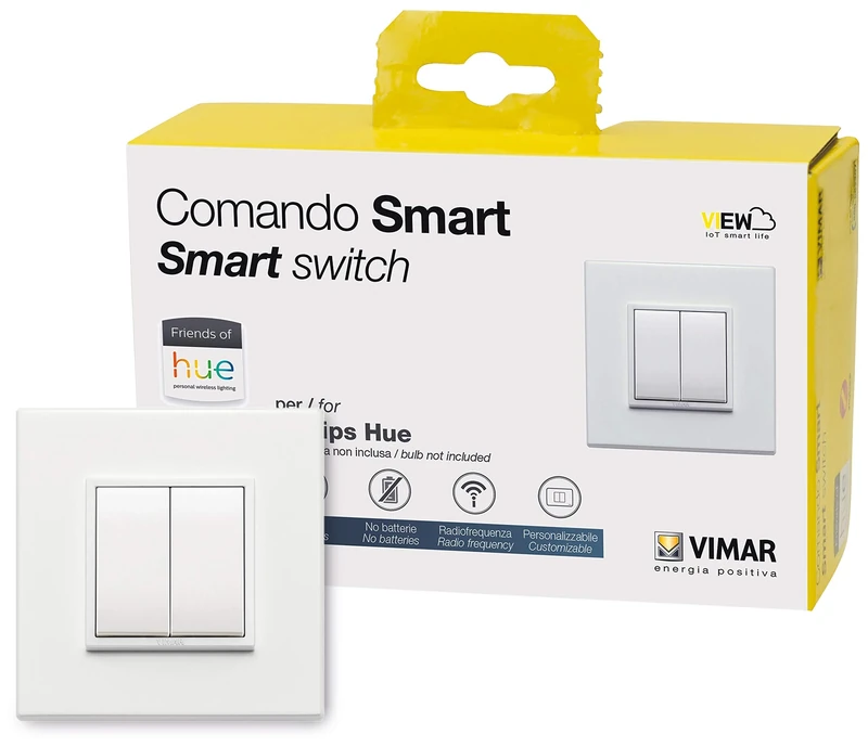 VIMAR 0K03906.03 Eikon Evo Friends of Hue Smart Switch Kit, Wireless Light Switch without Battery, Dimmer Switch Kit contains Double Cover Plate, Mounting Frame, Switch And 2 Buttons