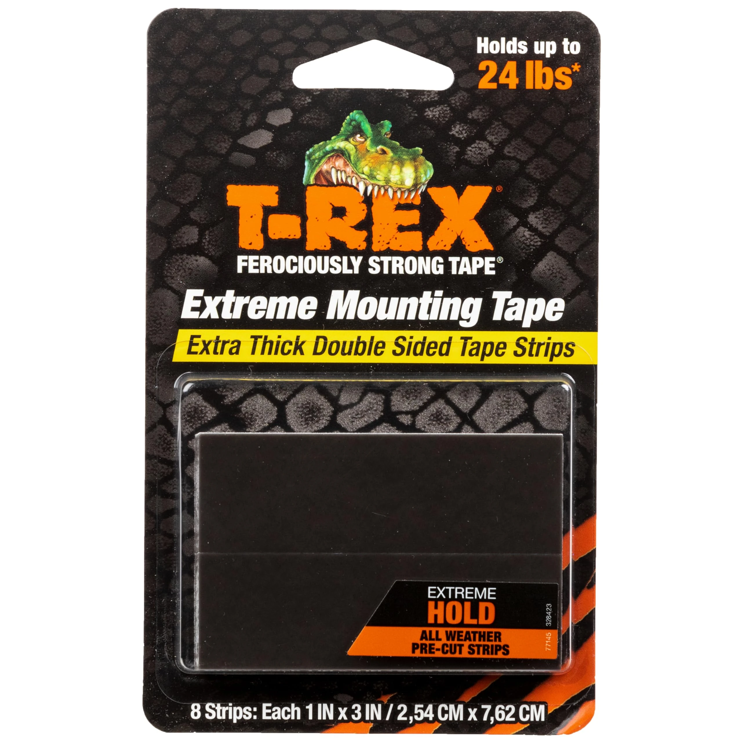 T Rex Tape Extreme Hold Heavy Duty Double Sided Mounting Strips Holds up to 24lbs , 8 Strips each strip is 2.54cm x 7.62cm, Black