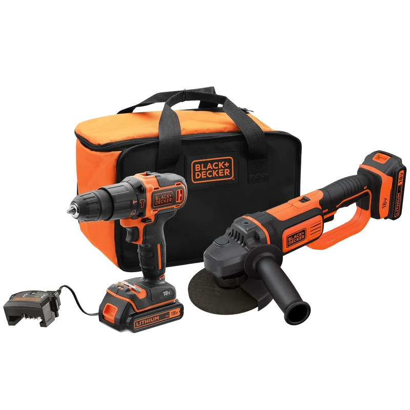 BLACK+DECKER BCK24D2S Hammer Drill 18 V (21,000 ipm) and 125 mm 18 V Grinder with 2 x 2 Ah Lithium Batteries and Carry Bag, Black, Orange
