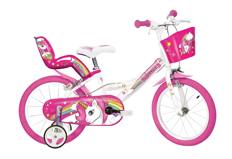 Dino Bikes Unicorn Kids Bike 16-inches, Girls, White/Pink with Doll Seat, Basket and Stabilisers