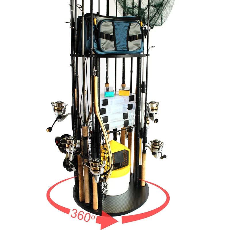 Rush Creek Creations Fishing Rod Holder for 17 Rods, Fishing Pole Holder for Garage Organization and Storage, for Fishing Reels, Fishing Gear, Fishing Accessories, Tackle Box 360° Rotating Rack