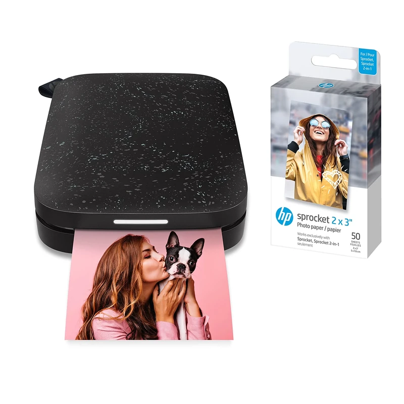 HP Sprocket Portable Photo Printer (Black Noirl) + HP 2x3" Premium Zink Photo Paper (50 Sheets) Compatible with HP Sprocket Portable Photo Printer