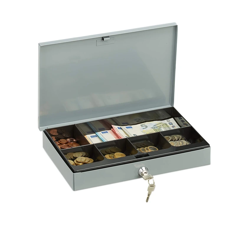 Relaxdays Locking Cash Box, Flat Metal Case with Coin Tray, 2 Keys, Money Safe HxWxD: 5x30x20 cm, Grey
