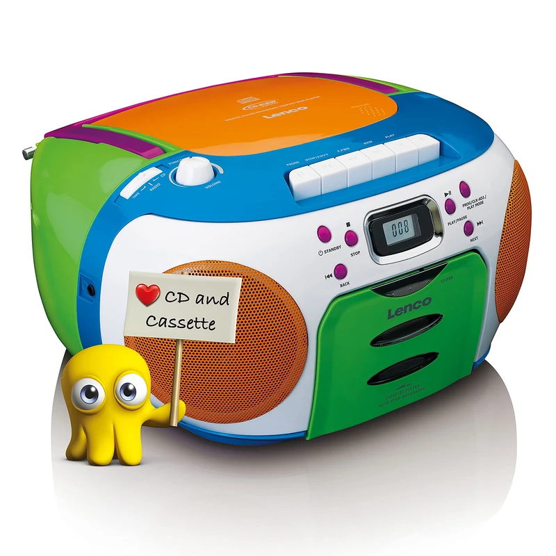 Lenco SCD-971 Children's Radio - Cassette Radio with CD - CD Radio - Cassette Player - Stereo Speakers - Headphone Jack - Track Memory - Colourful