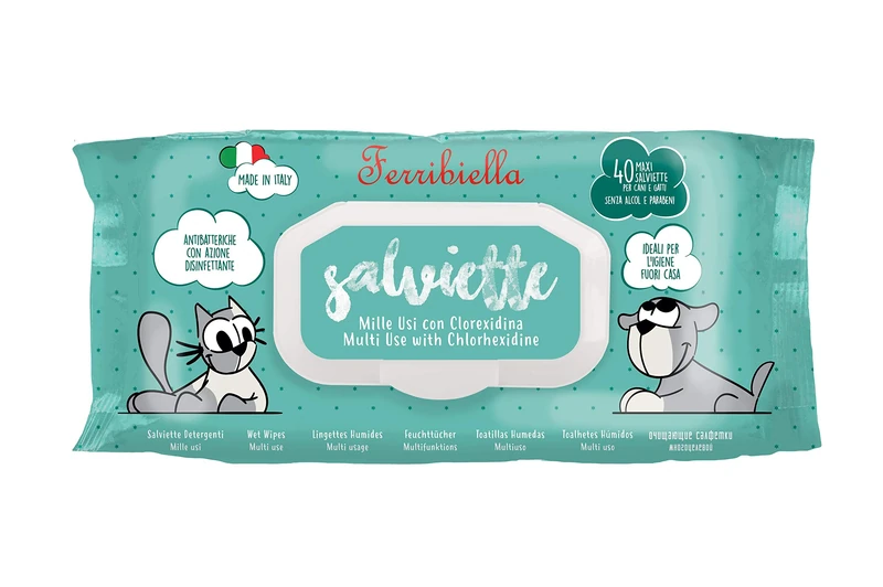 Ferribiella Wet Wipes for Cats and Dogs - Multi-Purpose with Chlorhexidine, Antibacterial and Disinfectant, Alcohol and Paraben Free - 12 Packs of 40 Large Wipes