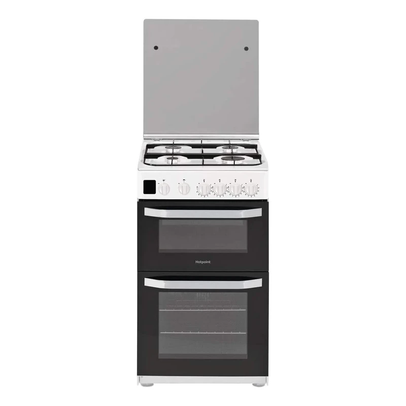 Hotpoint 50cm Double Cavity Gas Cooker with Lid - White