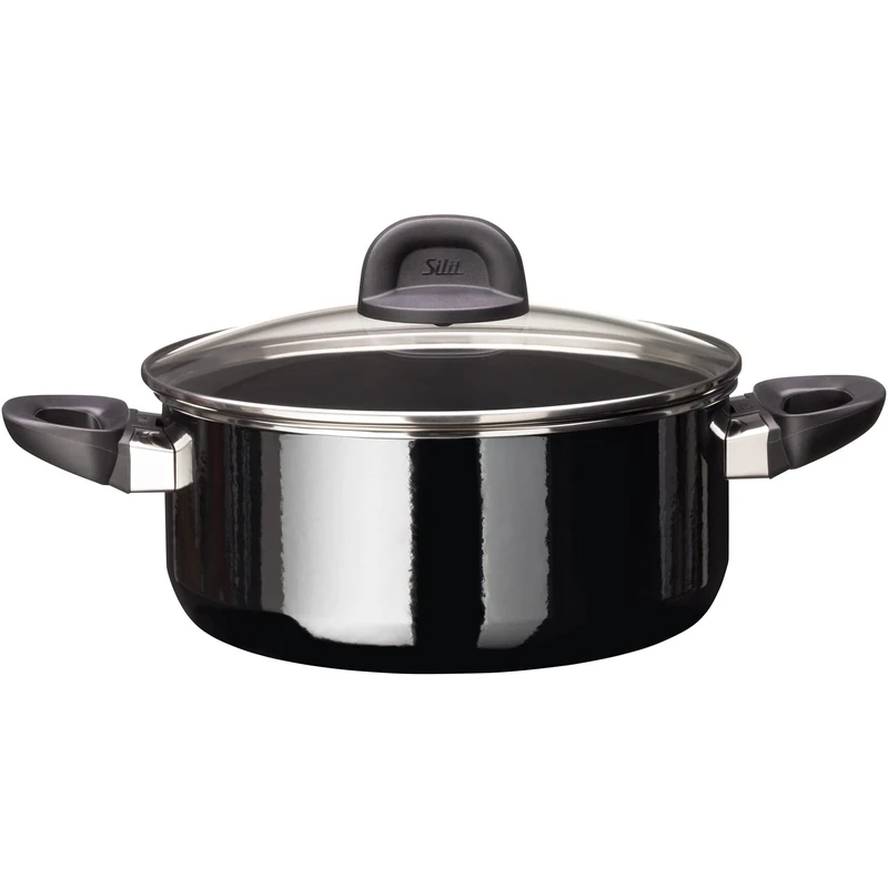 Silit Modesto Line Large Cooking Pot 24 cm, Pasta Pot with Glass Lid, Induction Stewing Pot 4.4 L, Silargan Functional Ceramic, Black