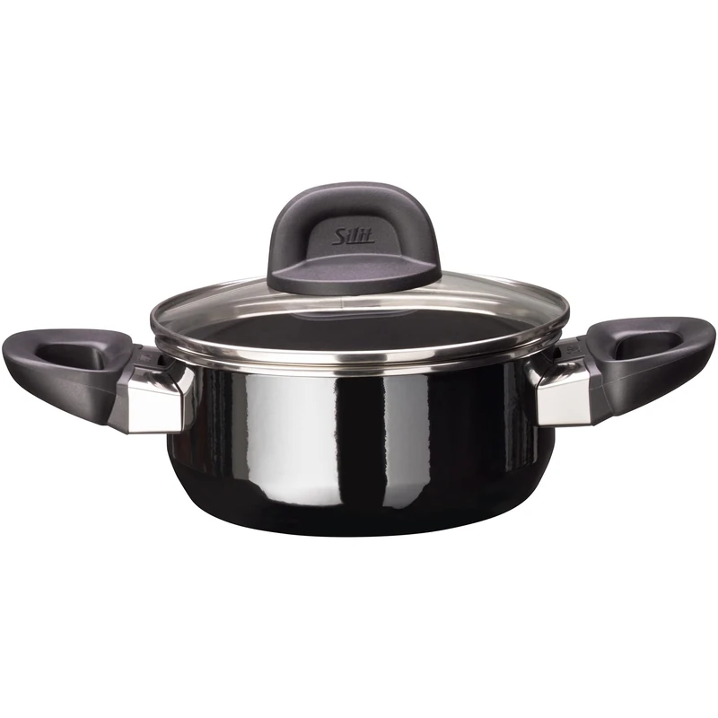 Silit Modesto Line Cooking Pot 16 cm, Glass Lid, Stewing Pot 1.3 L, Silargan Functional Ceramic, Induction Pot, Black