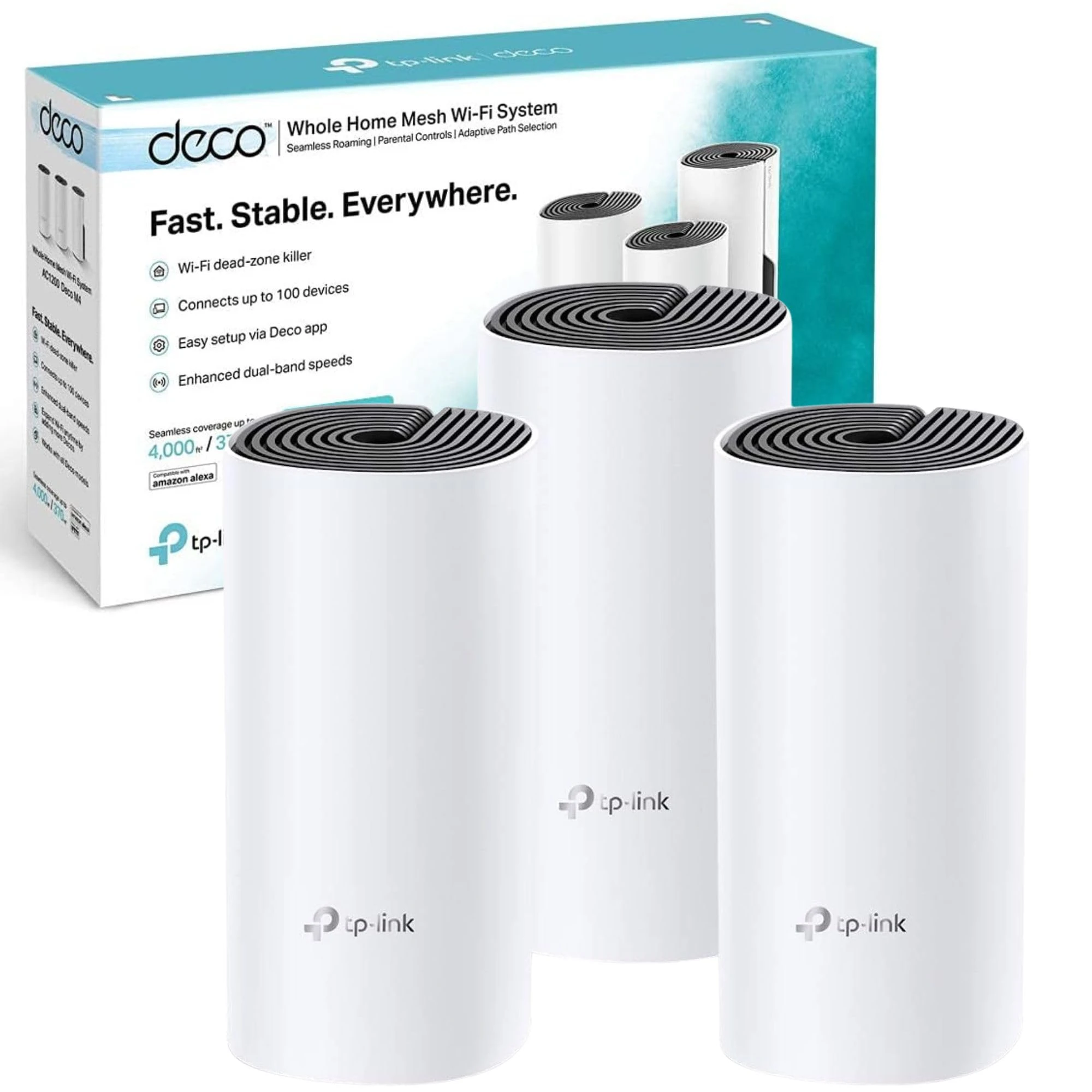 TP-Link Deco M4(3-pack) AC1200Mbps Whole Home Mesh WiFi System, up to 4000 sq ft Coverage, Qualcomm CPU, Dual-Band WiFi Booster with Gigabit Ports, Compatible with Amazon Echo/Alexa, Parent Control