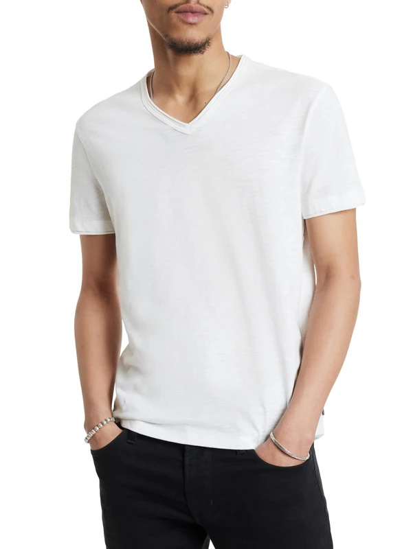 John Varvatos Star USA Men's Short Sleeve SLUB V-Neck with Cut RAW Edge T-Shirt, Salt, Large