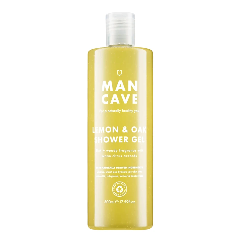 ManCave Lemon and Oak Mens Shower Gel, 500 ml, Body Wash, Natural Ingredients, Vegan, Eco and Cruelty-Free, Refreshing Shower Gel for Men with Lemon Oil, Bergamot, Rosemary, Body Wash for Men