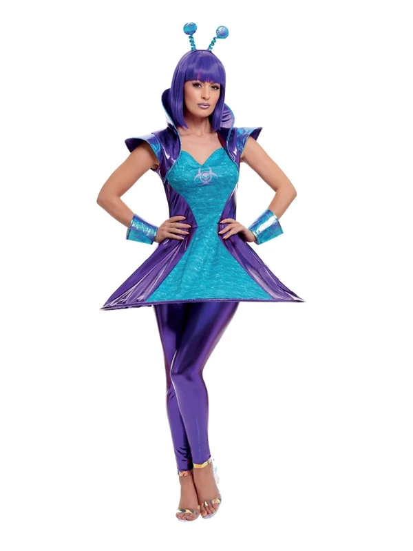 Smiffys Alien Lady Costume, Multi-Coloured with Dress, Leggings, Wristcuffs & Headband, Halloween Space Fancy Dress, Alien Dress Up Costumes - Image 1