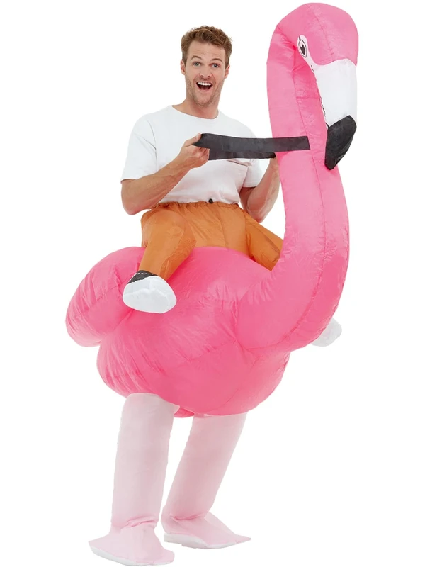 Smiffys Inflatable Ride Em Flamingo Costume, Pink with Oversized Bodysuit & Self Inflating Fan, Party Animals Fancy Dress, Animal Dress Up Costumes