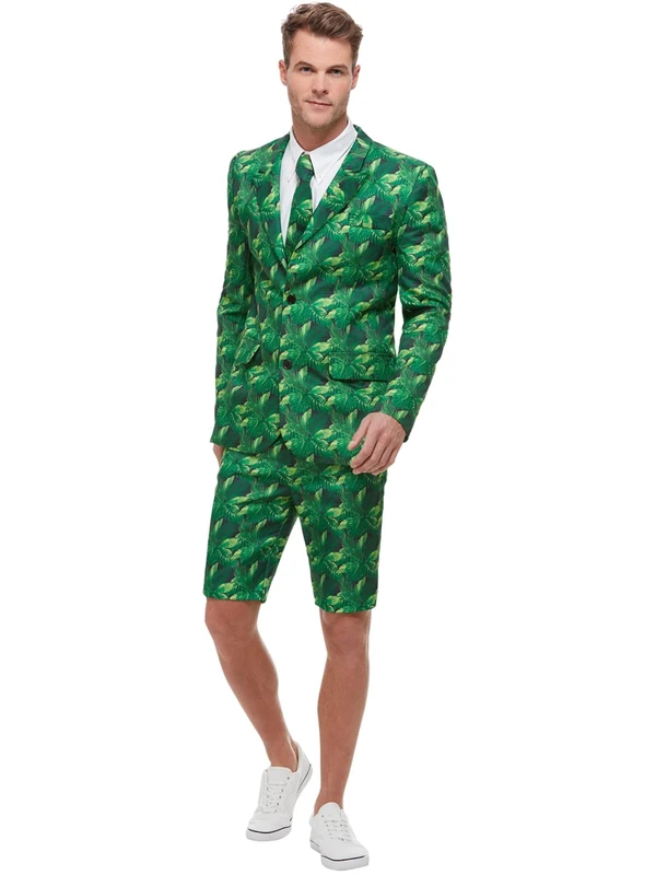 Smiffys Tropical Palm Tree Suit, Green with Jacket, Shorts & Tie, Stand Out Suits Fancy Dress, Comedy Dress Up Costumes, World Book Day
