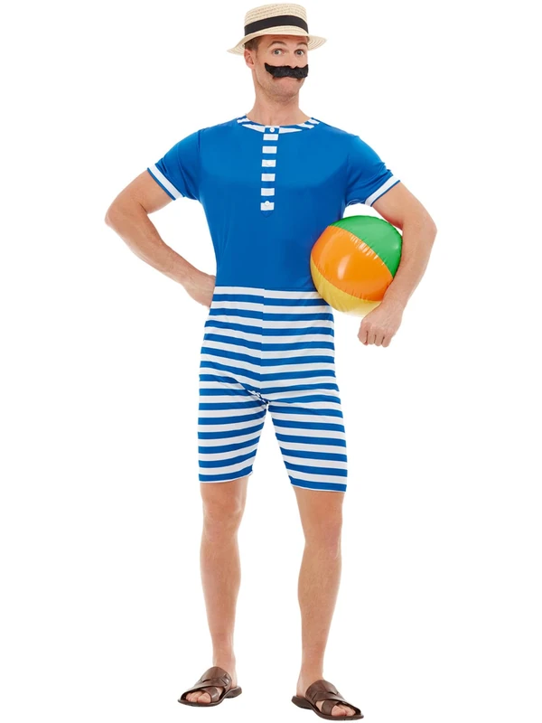 Smiffys 20s Bathing Suit Costume, Blue & White with Short Jumpsuit, Hat & Moustache, 1920's Razzle Fancy Dress, 1920s Dress Up Costumes Halloween - Image 1