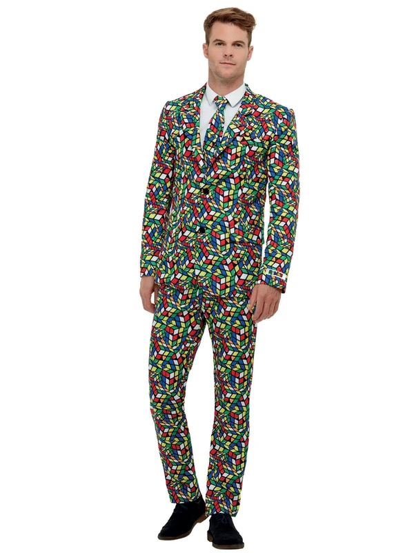 Smiffys Rubik's Cube Suit for Adults, Jacket, Trousers & Tie with Button and Zipper Fastening, Official Rubik's Cube License Outfit with Matching Jacket & Tie, Suit Up for Puzzle Fun!