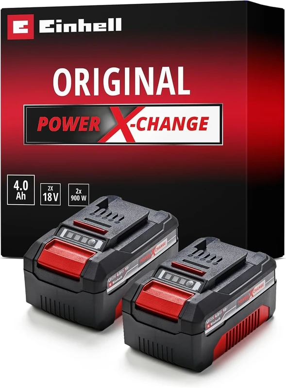 Einhell 18V 4.0Ah Cordless Tool Battery Lithium-Ion Twin Pack - 2 x 4,0Ah Batteries, Power X-Change, Universally Compatible With All Einhell PXC Power Tools And Garden Machines 4511489