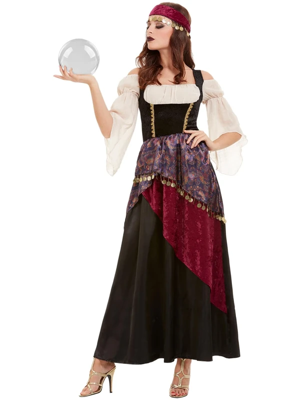 Smiffys Deluxe Fortune Teller Costume, Black with Dress & Headband, Circus Fancy Dress, Adult Dress Up Costumes, World Book Day