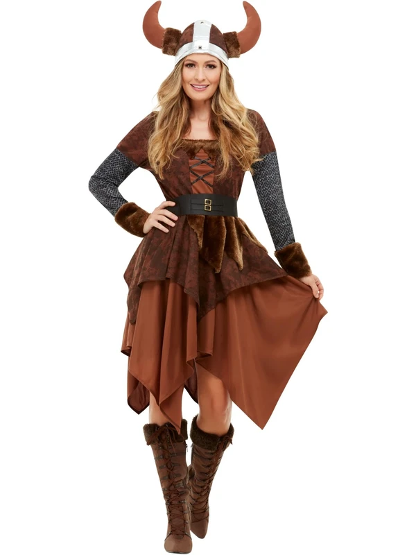 Smiffys Viking Barbarian Queen Costume, Brown with Dress & Helmet, Historical Fancy Dress, Viking Dress Up Costumes, World Book Day