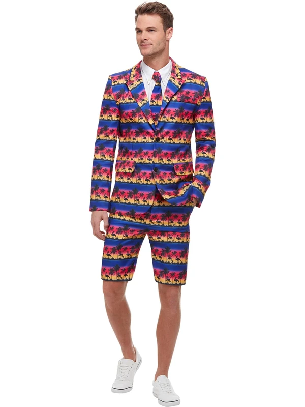 Smiffys Sunset Flamingo Suit, Blue with Jacket, Shorts & Tie, Stand Out Suits Fancy Dress, Comedy Dress Up Costumes