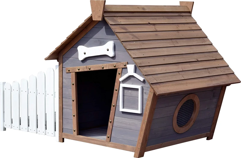 dobar 55016FSCe Outdoor Dog Kennel with Apex Roof and Side Porch Comic Design FSC Wood 146 3 x 90 x 96 cm Grey
