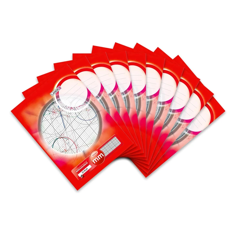 Landre 100050433 mm Pad A3 Pack of 10 80 g/m² Millimetre Paper 20 Sheets Glued Top Line Colour Red Grid Paper Geometry