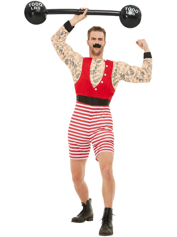 Smiffys Deluxe Strongman Costume, Red & White with Short Jumpsuit & Moustache, Circus Fancy Dress, Adult Dress Up Costumes