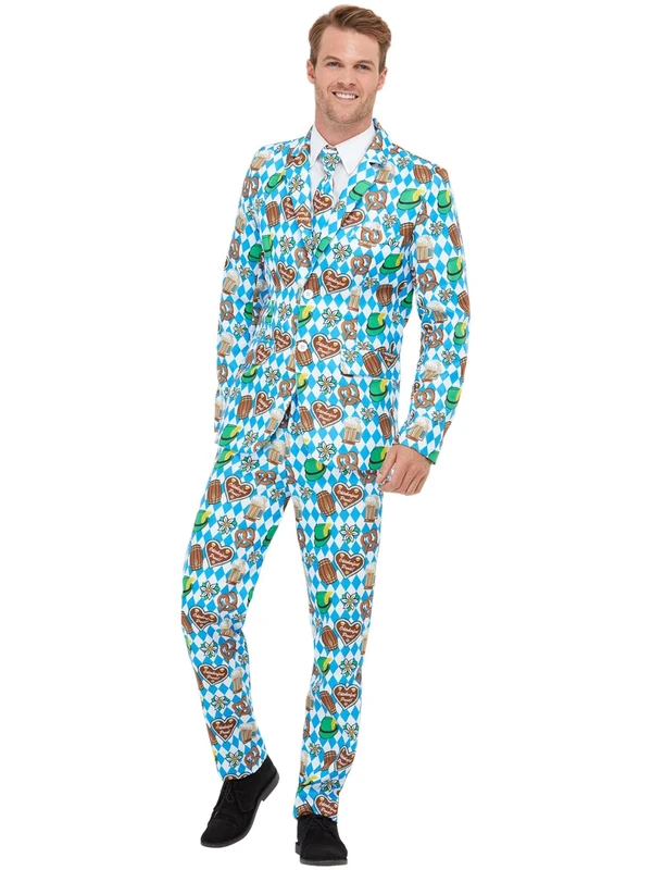 Smiffys Beer Festival Suit, Blue with Jacket, Trousers & Tie, Stand Out Suits Fancy Dress, Adult Dress Up Costumes