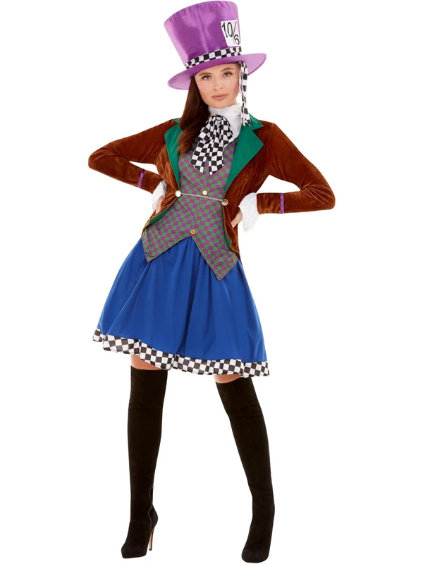 Smiffys Miss Hatter Costume, Multi-Coloured with Jacket, Attached Waistcoat, Skirt & Hat, Fairytale, Wings and Wands Fancy Fancy Dress, Storybook Character Dress Up Costumes, World Book Day