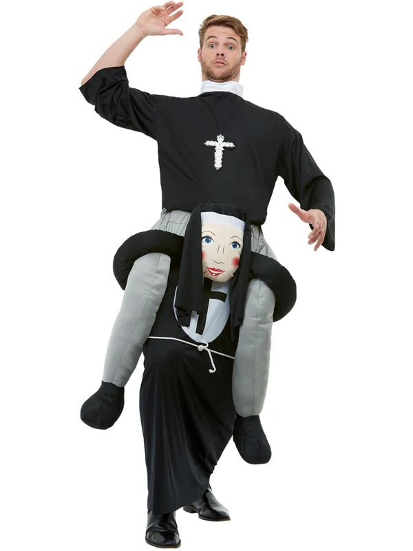 Smiffys Piggyback Nun Costume, Black One Piece Suit with Mock Legs, Saints and Sinners Fancy Dress, Nun Dress Up Costumes, World Book Day