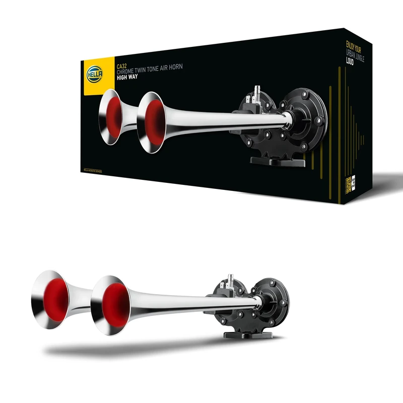 HELLA 3PB 013 410-051 Trumpet Horn CA32 - 12V - 115dB(A) - 370Hz-415Hz - Low Tone/High Tone - Electric-pneumatic - ECE - Housing Colour: Chrome/Black - Plug: Blade Terminal - Quantity: 1