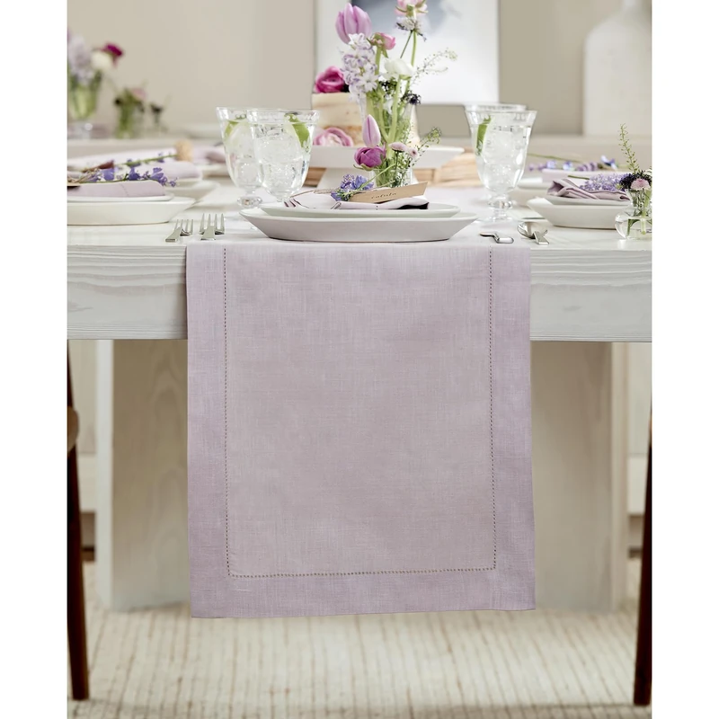 Solino Home 100% Linen Table Runner Lilac, Classic Hemstitch 14 x 132 in