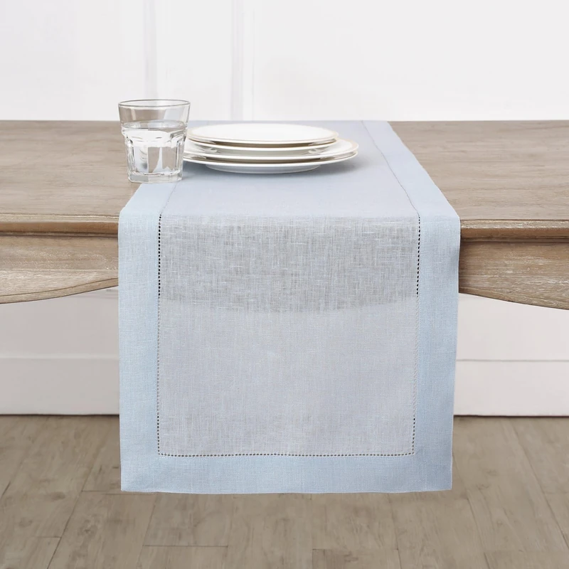 Solino Home Linen Light Blue Table Runner 144 Inches Long - 100% Pure Linen Extra Long Table Runner 14 x 144 Inch for Spring, Summer - Classic Hemstitch