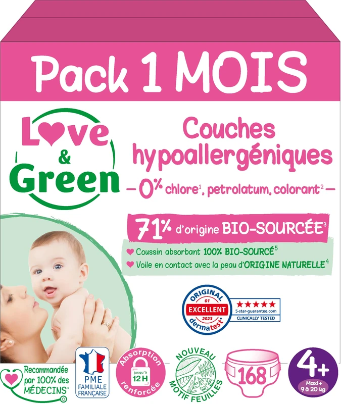 Love & Green - Healthy and Ecological Baby Diapers - Size 4+ (9-20 kg) - 1 Month Pack (Pack of 4 = 168 Diapers) - Absorbent, anti-leak and free of unwanted ingredients