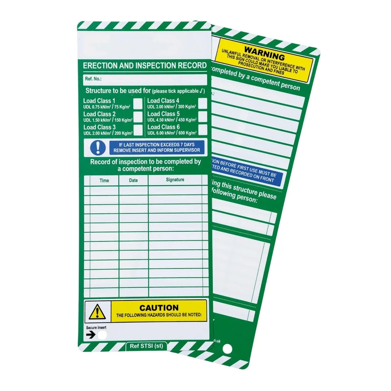 Scafftag by Brady MK1 Inserts – Compact Equipment Inspection Inserts Erection & Inspection Record, Includes 20 Inserts for Workplace Safety Compliance – White on Green