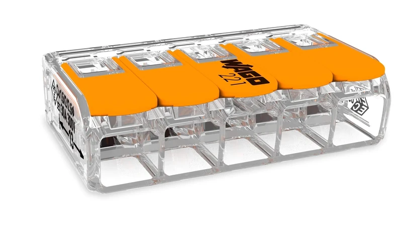 20 Pieces Wago 221-415 Connection Terminal 5 Wires with Lever 0,2-4 qmm Small Design, Transparent