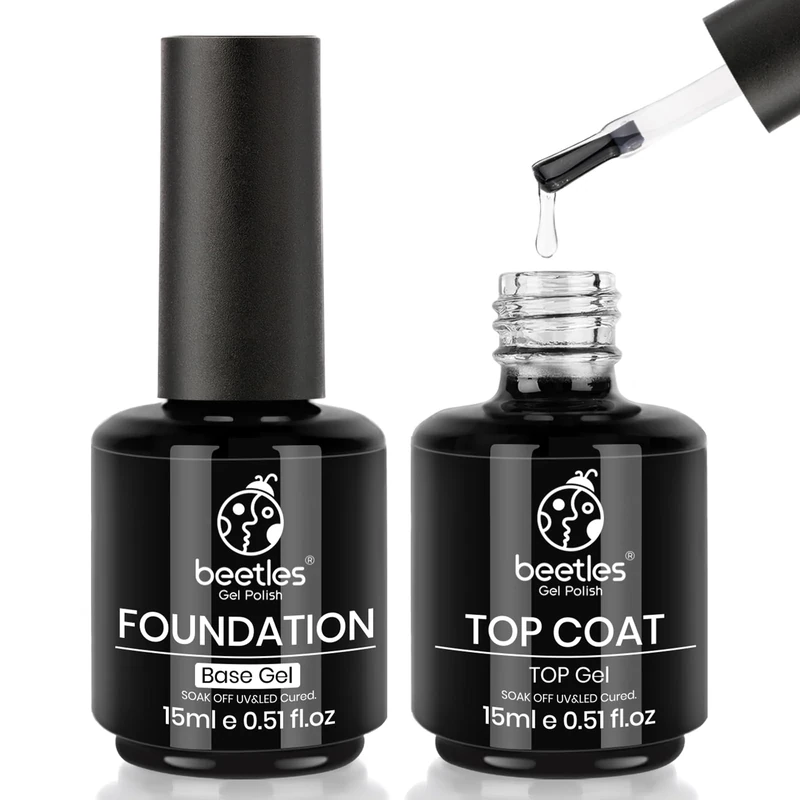 Beetles Gel Polish 2x15ML No Wipe Top and Base Coat Set - Shine Finish and Long Lasting Soak Off LED Nail Lamp Gel Base Top Coat Finish Nail Art Design Manicure for Girls