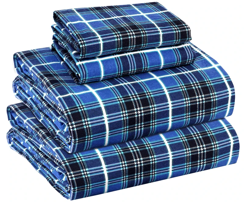 RUVANTI Flannel Sheets Queen Size - 100% Cotton Double Brushed Bed Sheets, Deep Pockets 16 Inches Queen Sheet Set, All Seasons Breathable & Extra Soft - Warm & Cozy, 4 Piece, Blue Plaid