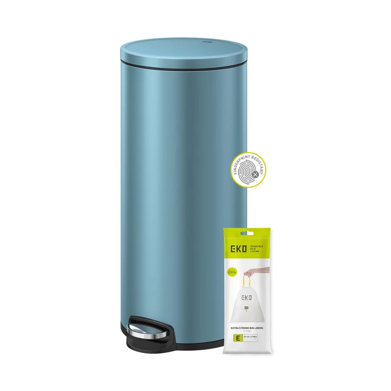 EKO Eva Kitchen Bin 30 Litres, Pedal Rubbish Bin with Removable Inner Bucket, Soft Close Lid, Perfect for Kitchen & Home, Titanium Blue