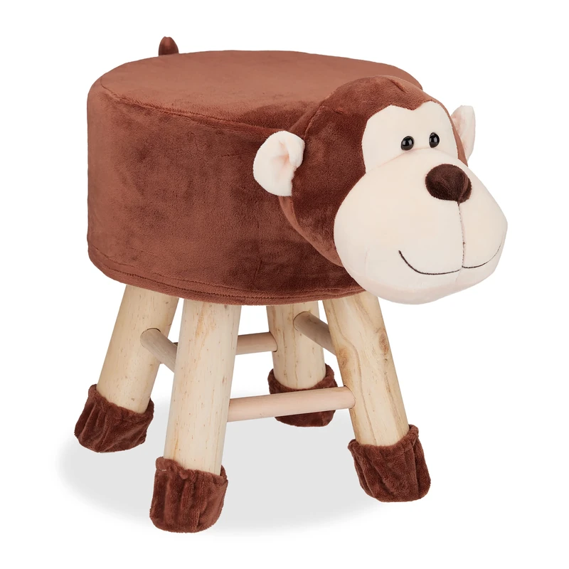 Relaxdays Monkey Foot Stool, Decorative Vanity Stool, Removable Cover, Wooden Legs, Padded, Brown