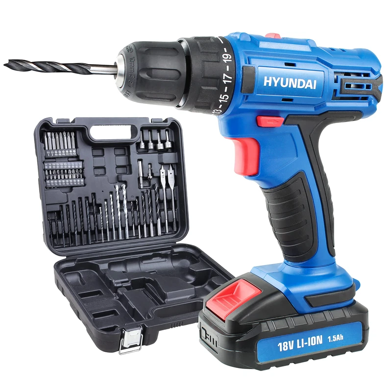 Hyundai Cordless Drill Driver, 18v Li-ion Combi Drill, 54 Pieces Drill Set with Carry Case, Battery & Charger, 2-Speed, 20+1 Torque Settings & 1 Year Warranty, Blue - Image 1