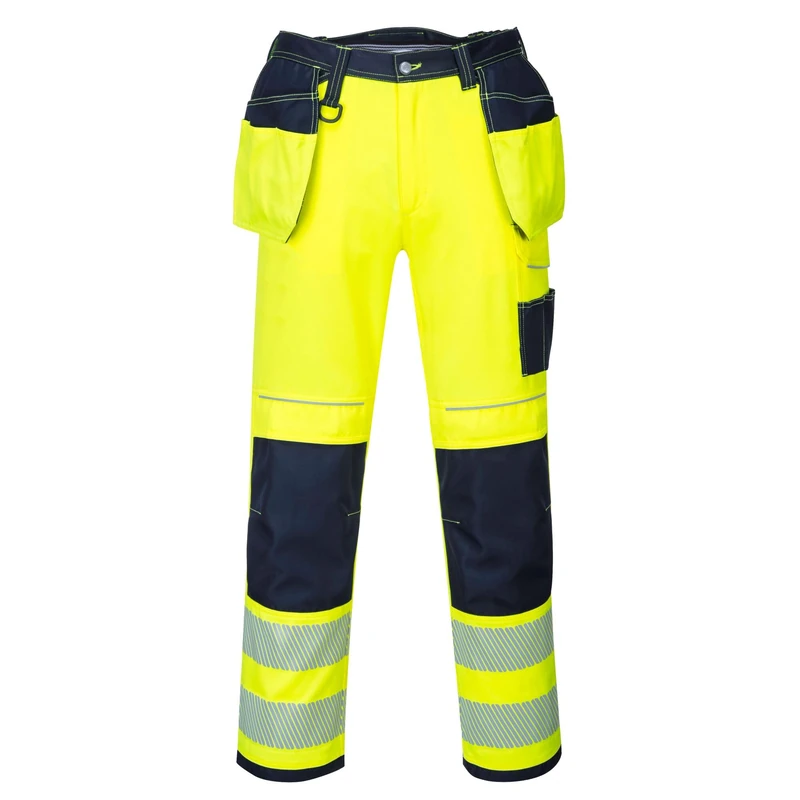 Portwest PW3 T501 Mens Hi Vis Work Trousers Holster Pocket Polycotton Reflective Triple Stitched Kneepad Pocket Cargo Workwear Construction Builders Tradesman Heavy Duty, Regular, Yellow/Navy, 34