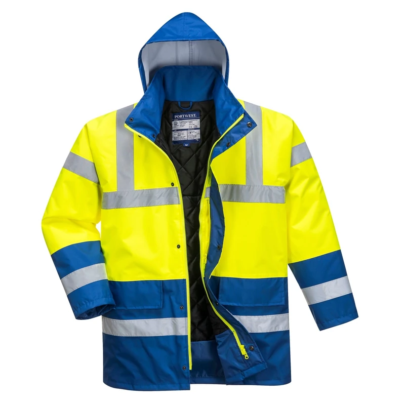 Portwest S466 Hi-Vis Contrast Winter Traffic Jacket Mens Waterproof Reflective Safety Workwear Cold Weather Protection 300D Industry High Visibility, Yellow/Royal, 4XL - Image 1