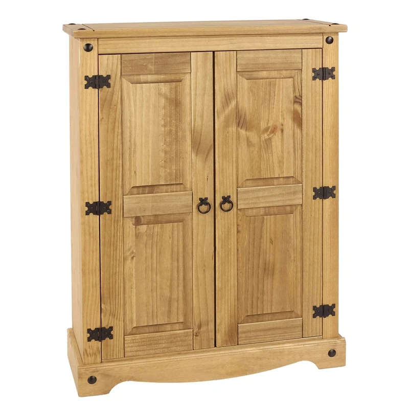 Home Source Storage Cupboard, Solid Pine 2 Door Mexican Wood Cabinet, 2 Internal Shelves