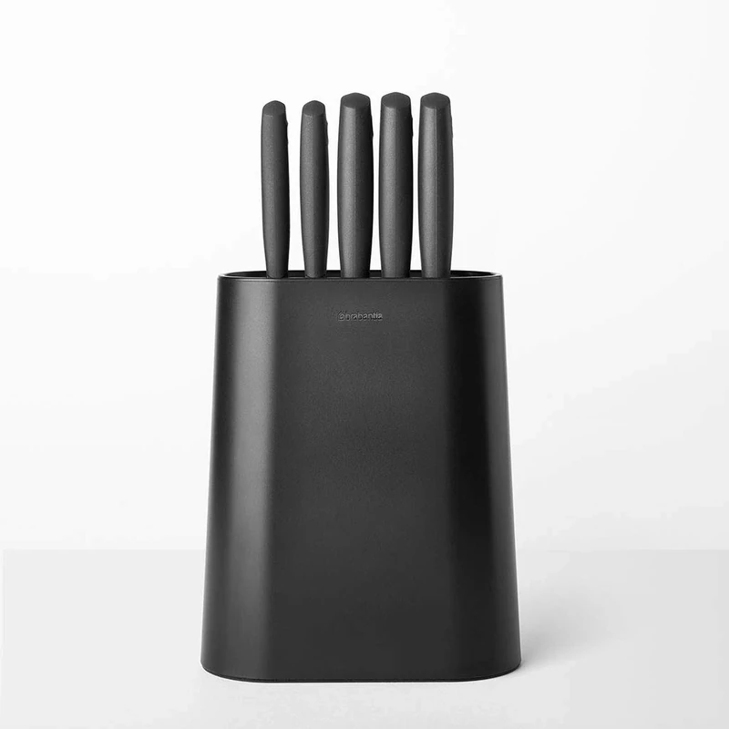 Brabantia Tasty+ 5 Knives Knife Block with Dark Grey Handled Knives & Slotted Countertop Organiser - 6-Piece Set Includes Chef, Bread, Carving, Utility, Pairing Knife Set & Knife Block