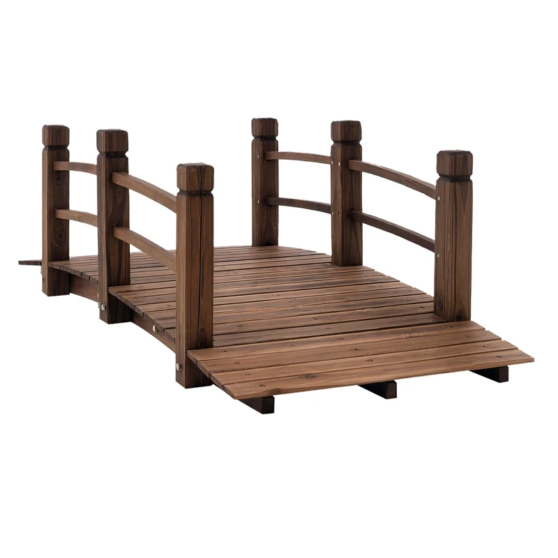 Outsunny 1.5M Wooden Garden Bridge Lawn Décor Stained Finish Arc Outdoor Pond Walkway w/Railings Water Yard Decoration